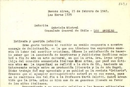 [Carta] 1947 feb. 23, Buenos Aires, [Argentina a] Gabriela Mistral, Consulado General de Chile, Los Angeles, [EE.UU.]
