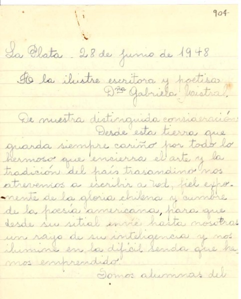 [Carta] 1948 jun. 28, La Plata, Argentina [a] Gabriela Mistral