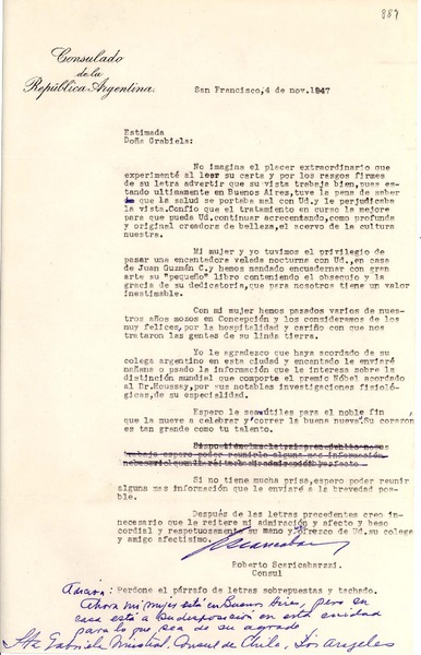 [Carta] 1947 nov. 4, San Francisco, [California, Estados Unidos] [a] Gabriela Mistral, Los Ángeles, [California, Estados Unidos]