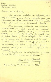 [Carta] 1947 abr. 22, Buenos Aires, Argentina [a] Señora Gabriela Mistral, Los Angeles, USA