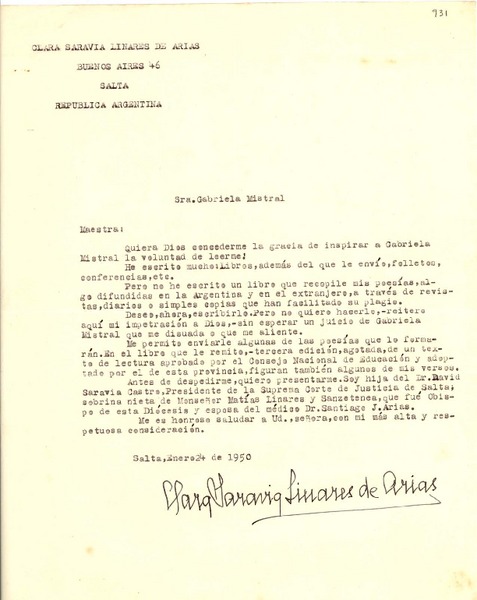 [Carta] 1950 ene. 24, Salta, [Argentina a] Gabriela Mistral