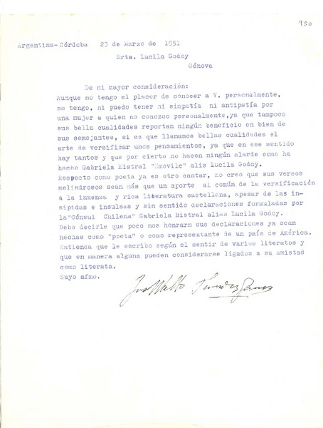 [Carta] 1951 mar. 23, Córdoba, Argentina [a] Lucila Godoy, Génova, [Italia]