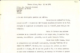 [Carta] 1951 mayo 11, Buenos Aires, Argentina [a] Gabriela Mistral, Consulado de Chile, Rapallo, Génova, Italia