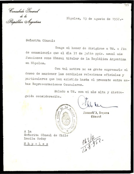 [Carta] 1952 ago. 13, Nápoles, [Italia] [a] Lucila Godoy, Nápoles, [Italia]