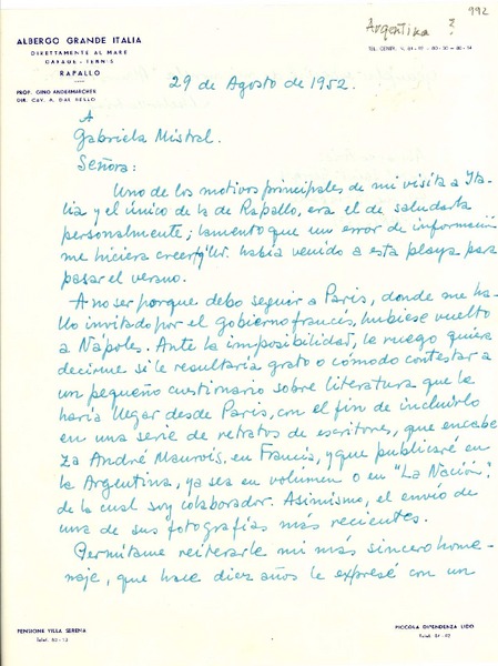 [Carta] 1952 ago. 29, Rapallo [Italia a] Gabriela Mistral
