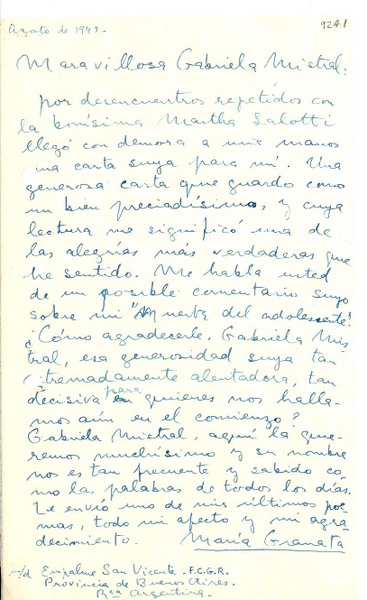 [Carta] 1949, ago., Provincia de Buenos Aires, Rca. Argentina [a] Gabriela Mistral