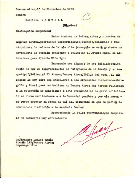 [Carta] 1952 dic. 1, Buenos Aires, [Argentina] [a] Gabriela Mistral, Nápoles, [Italia]
