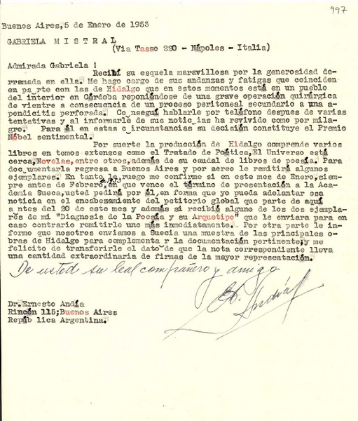 [Carta] 1953 ene. 5, Buenos Aires, Argentina [a] Gabriela Mistral, Nápoles, Italia