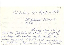 [Carta] 1954 ago. 11, Córdoba, [España] [a] Gabriela Mistral, Estados Unidos