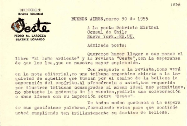 [Tarjeta] 1955 mar. 30, Buenos Aires, [Argentina] [a] Gabriela Mistral, Nueva York, [EE.UU.]