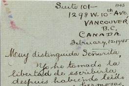 [Carta] 1945 feb. 12, Vancouver, Canadá [a] Gabriela Mistral