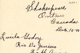 [Carta] 1945 dic. 10, Shakespeare, Ontario, Canadá [a] Lucila Godoy, Rio de Janeiro, [Brasil]