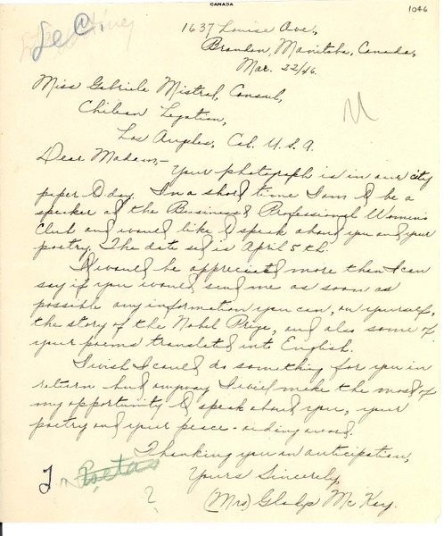 [Carta] 1946 Mar. 22, Brandon, Manitoba, Canadá [a] Gabriela Mistral, Los Angeles, California, [EE.UU.]