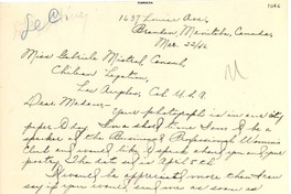 [Carta] 1946 Mar. 22, Brandon, Manitoba, Canadá [a] Gabriela Mistral, Los Angeles, California, [EE.UU.]