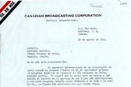 [Carta] 1951 ago. 23, Montreal, Canada [a] Gabriela Mistral, Cónsul General de Chile, Rapallo, Italia