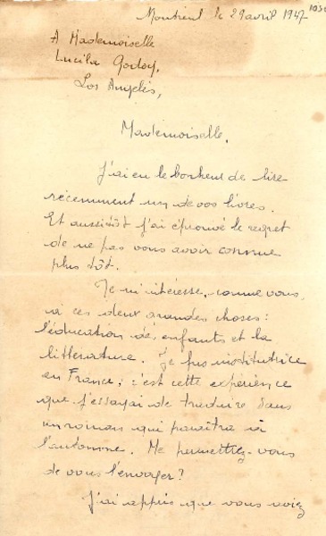 [Carta] 1947 avril 29, Montréal, Canada [a] Lucila Godoy, Los Angeles, [EE.UU.]
