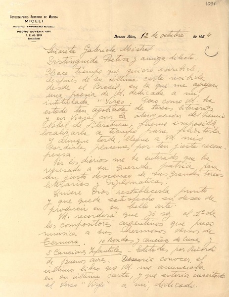 [Carta] 1954 oct. 12, Buenos Aires [a] Gabriela Mistral