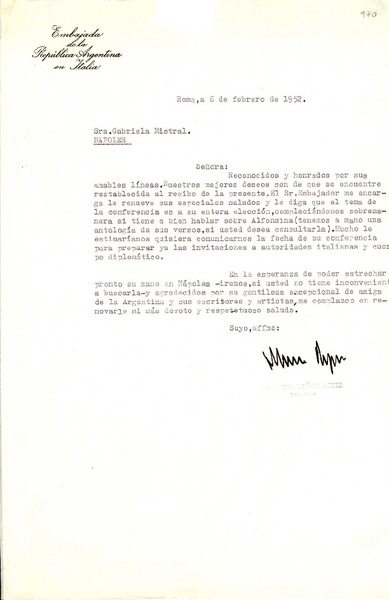 [Carta] 1952, feb. 6, Roma [a] Gabriela Mistral, Nápoles