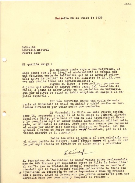 [Carta] 1933 jul. 22, Marsella, [Francia] [a] Gabriela Mistral, Puerto Rico