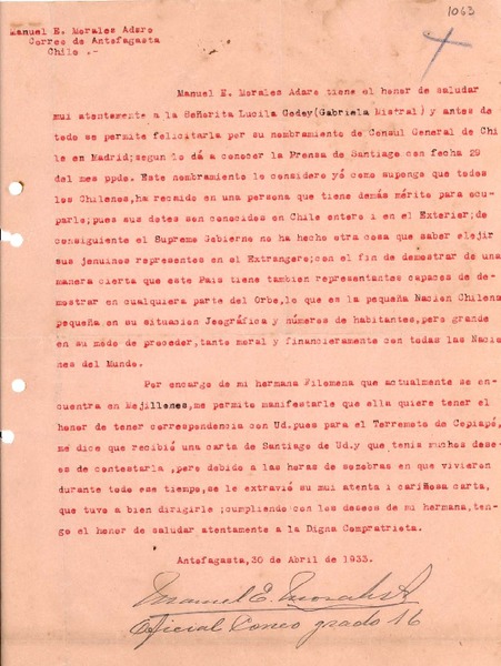 [Carta] 1933 abr. 30, Antofagasta [a] Gabriela Mistral, Madrid