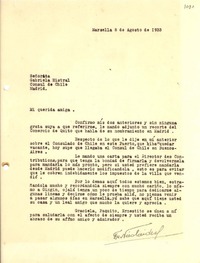 [Carta] 1933 ago. 8, Marsella, [Francia] [a] Gabriela Mistral, Madrid, [España]