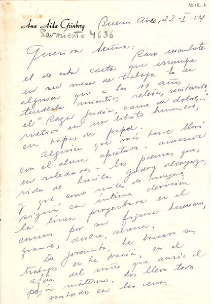 [Carta] 1954, ene. 22, Buenos Aires [a] Gabriela Mistral