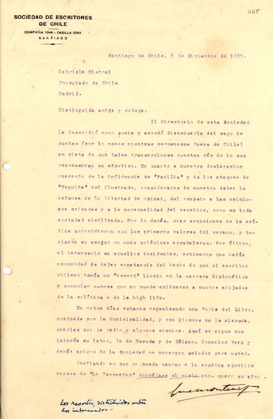 [Carta] 1935 dic. 5, Santiago [a] Gabriela Mistral, Madrid