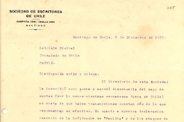 [Carta] 1935 dic. 5, Santiago [a] Gabriela Mistral, Madrid