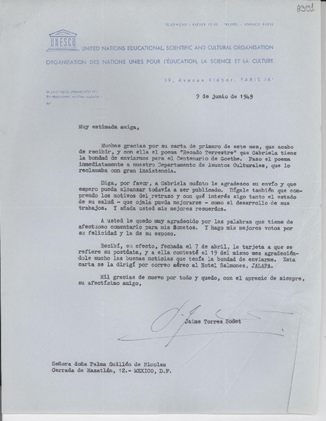 [Carta] 1949 jun. 9, [París] [a] Palma Guillén de Nicolau, México D. F.