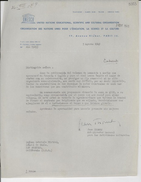 [Carta] 1949 ago. 3, [París] [a] Gabriela Mistral, Los Ángeles, California