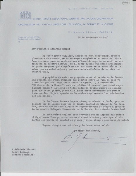 [Carta] 1949 jun. 27, [París] [a] Gabriela Mistral, Veracruz, México