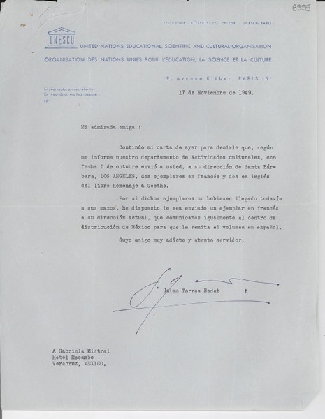 [Carta] 1949 nov. 17, [París] [a] Gabriela Mistral, Veracruz, México