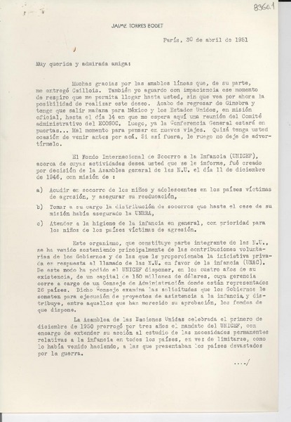 [Carta] 1951 abr. 30, París [a] Gabriela Mistral