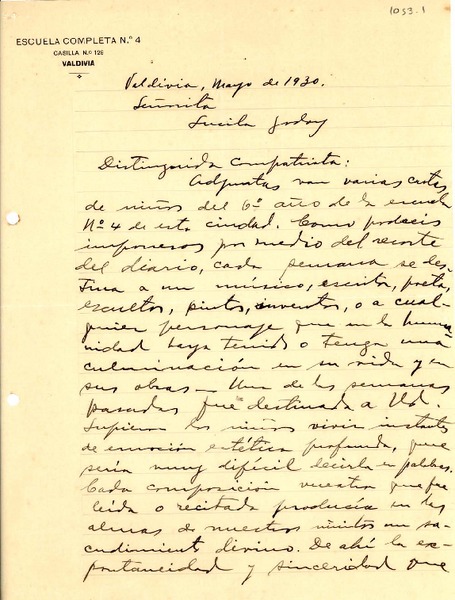 [Carta] 1930, may. 12, Valdivia, Chile[a] Lucila Godoy