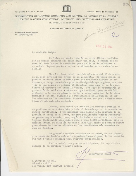 [Carta] 1952 feb. 22, [París] [a] Gabriela Mistral, Nápoles, Italia