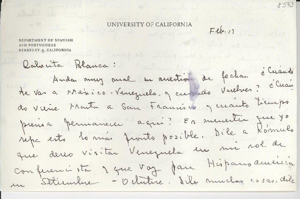 [Carta] [1947?] feb. 19, Berkeley, California, [EE.UU.] [a] [Gabriela Mistral]