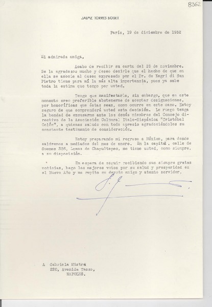 [Carta] 1952 dic. 19, París [a] Gabriela Mistral, Nápoles