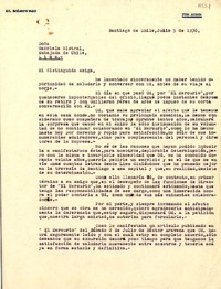 [Carta] 1938 jun. 5, Santiago, [Chile] [a] Gabriela Mistral, Lima, [Perú]