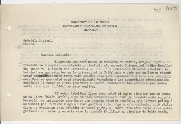 [Carta] [1933, Berkeley, EE.UU.] [a] Gabriela Mistral, Madrid