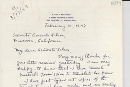 [Carta] 1947 feb. 18, Baltimore, Maryland, [EE.UU.] [a] Consuelo Saleva, Monrovia, California, [EE.UU.]