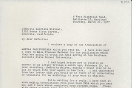[Carta] 1947 mar. 20, Baltimore, Maryland, [EE.UU.] [a] Gabriela Mistral, Monrovia, California, [EE.UU.]