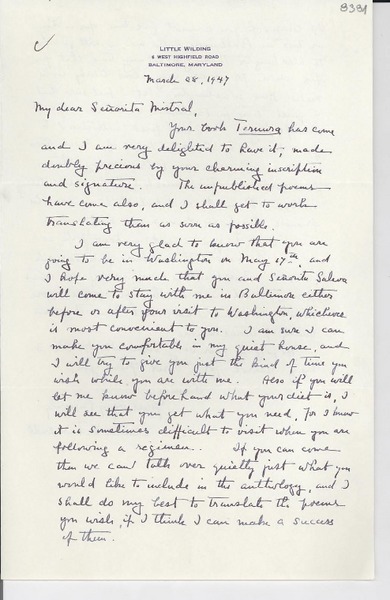 [Carta] 1947 mar. 8, Baltimore, Maryland, [EE.UU.] [a] Gabriela Mistral