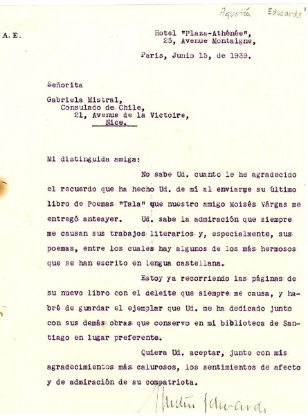 [Carta] 1939 jun. 15, Hotel Plaza - Athénée, Paris, [Francia] [a] Gabriela Mistral, Consulado de Chile, Nice, [Francia]