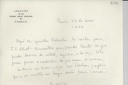 [Carta] 1946 ene. 22, París, [Francia] [a] Gabriela [Mistral]