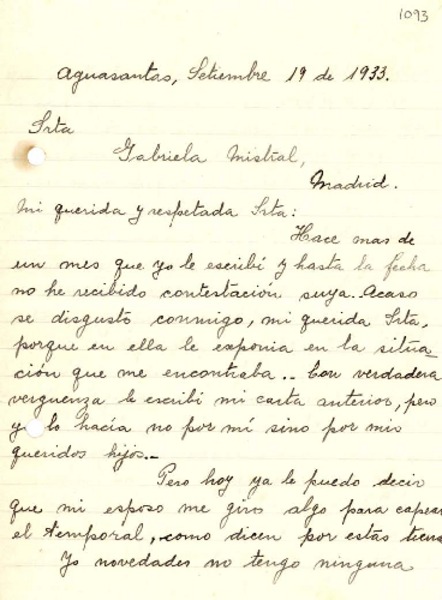 [Carta] 1933 sep. 19, Agua Santas, España [a] Gabriela Mistral, Madrid, España