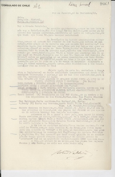 [Carta] 1945 dic. 18-19, Río de Janeiro [a] Gabriela Mistral, París, Francia