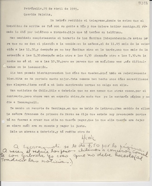 [Carta] 1945 abr. 25, Petrópolis, [Brasil] [a] Palma [Guillén]