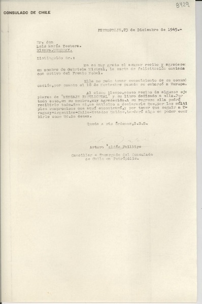 [Carta] 1945 dic. 23, Petrópolis [a] Luis María Techera, Rivera, Uruguay