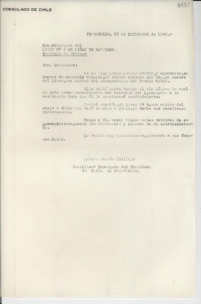 [Carta] 1945 dic. 23, Petrópolis [a] Directora del Liceo No 4 de Niñas, Santiago de Chile