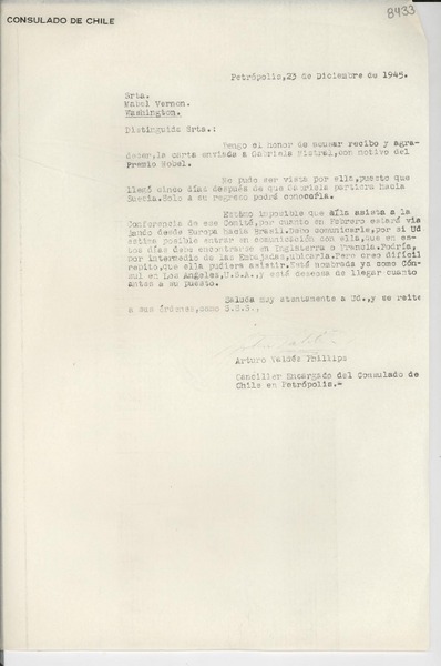 [Carta] 1945 dic. 23, Petrópolis [a] Mabel Vernon, Washington